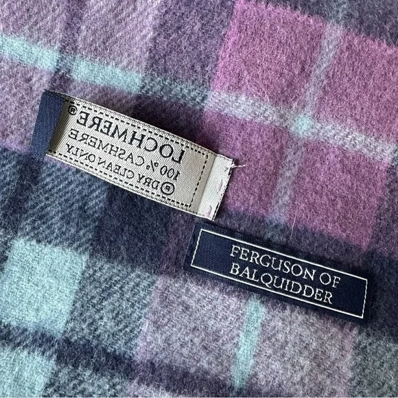 Lochmere 100% Cashmere Fringed Plaid Scarf in Purple and Blue - Picture 8 of 9